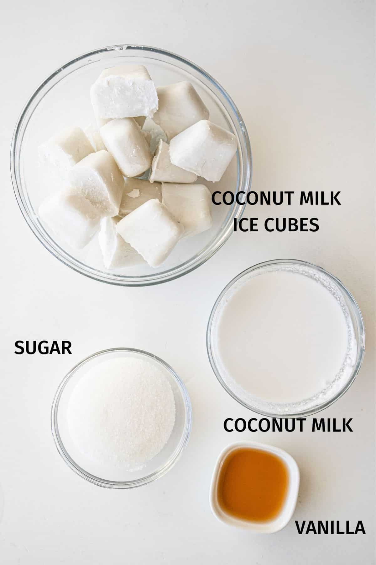Ingredientes de helado de vainilla Vitamix en tazones pequeños sobre una superficie blanca.